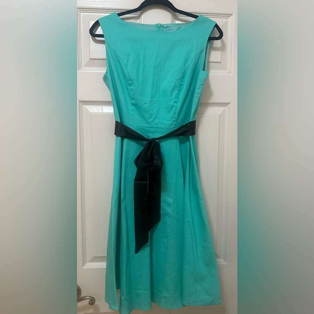 Chic Aqua Midi Dress with Black Belt